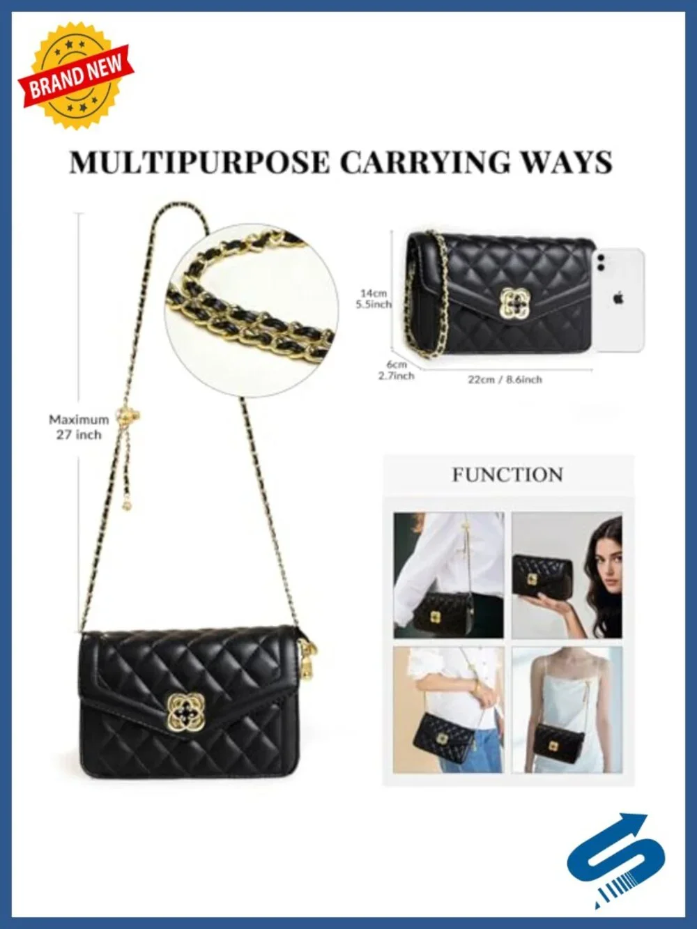 Quilted Faux Leather Crossbody Bag for Women Satchel Handbag with Chain Strap